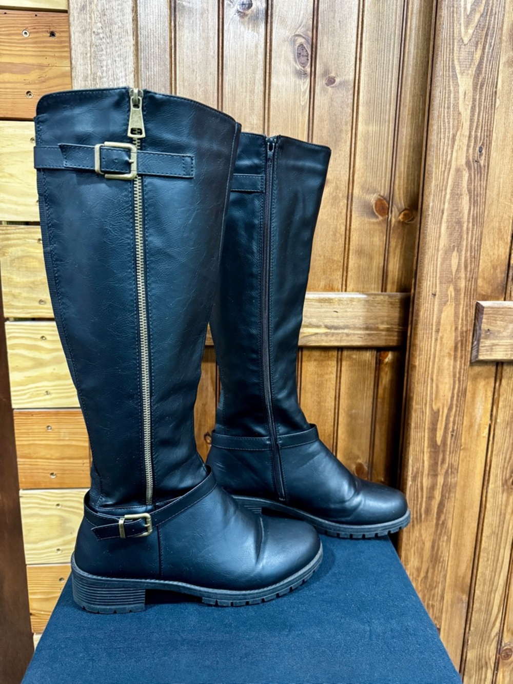 Women's Black Tall Riding Boots with Gold Buckle Detail and side zipper - Picture 4 of 6